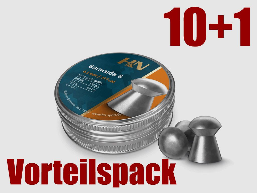 Vorteilspack 10+1 Rundkopf Diabolos H&N Baracuda 8 Kaliber 4,51 mm 0,55 g glatt 11 x 500 StĂĽck