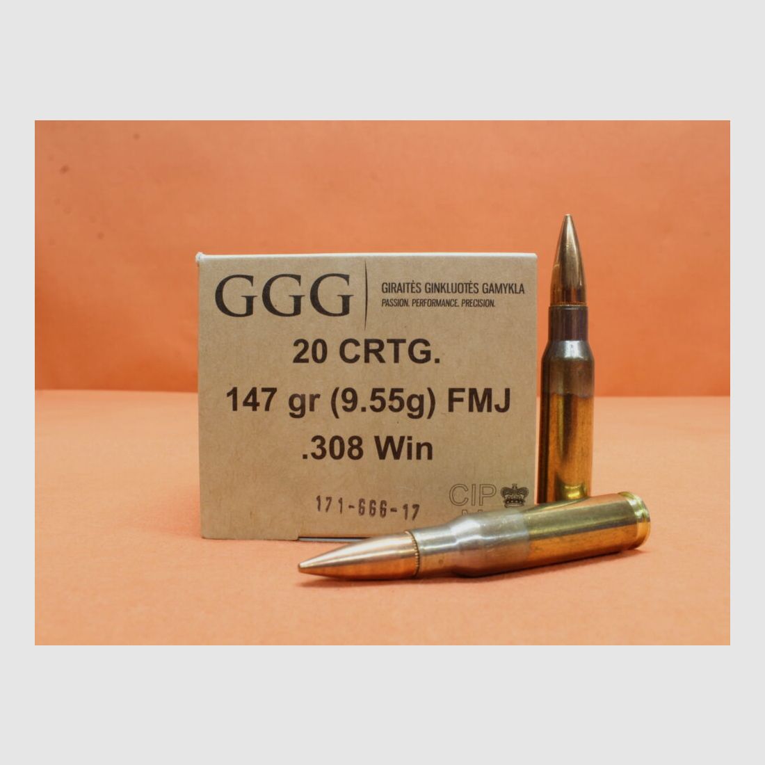 GGG - Giraites Ginkluotes Gamykla Patrone .308Win GGG 147grs FMJ (GPX11) 30xVE 20 = 600 Patronen/ 9,55g Vollmantel