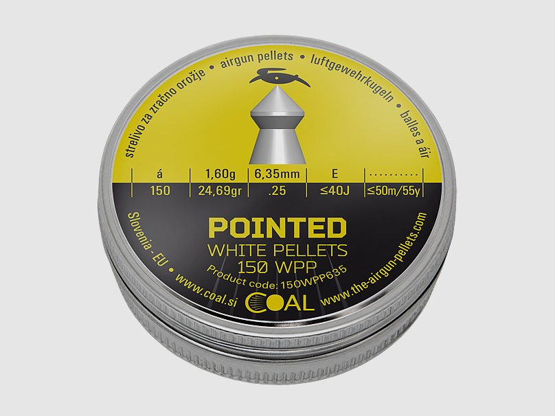 Coal Heavy Pointed White Pellets Spitzkopf Diabolos glatter Schaft Kal. 6,35mm/.25 150 Stk.