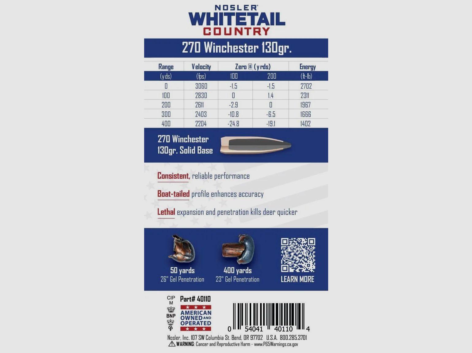 Patronen Nosler Kal. 270 Win – 130gr. 20 Stk. Whitetail Country Solid Base, Bild 3 von 3