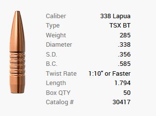 Barnes Geschoss .338 Lapua/.338 285GR TSX BT 50 Stück