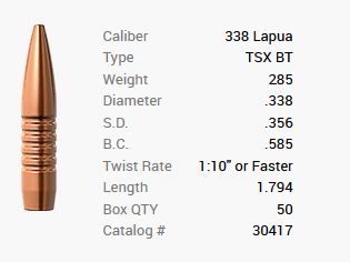 Balle Barnes .338 Lapua/.338 285GR TSX BT 50 pièces