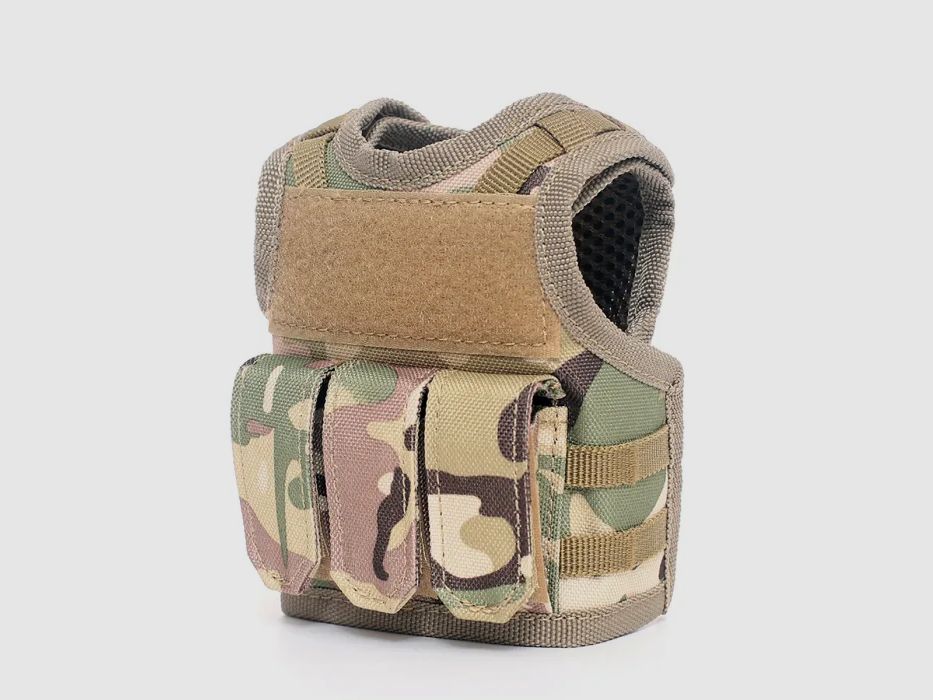Mini tactische kogelwerende vest met frontzakken voor bierfles / wijnfles / thermosfles - MultiCam