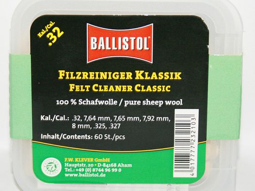 60x BALLISTOL Reinigungsfilze/Filzreiniger KLASSIK Cal .32 | 100%Schafwolle | 8mm/.323/7,92mm/325-7