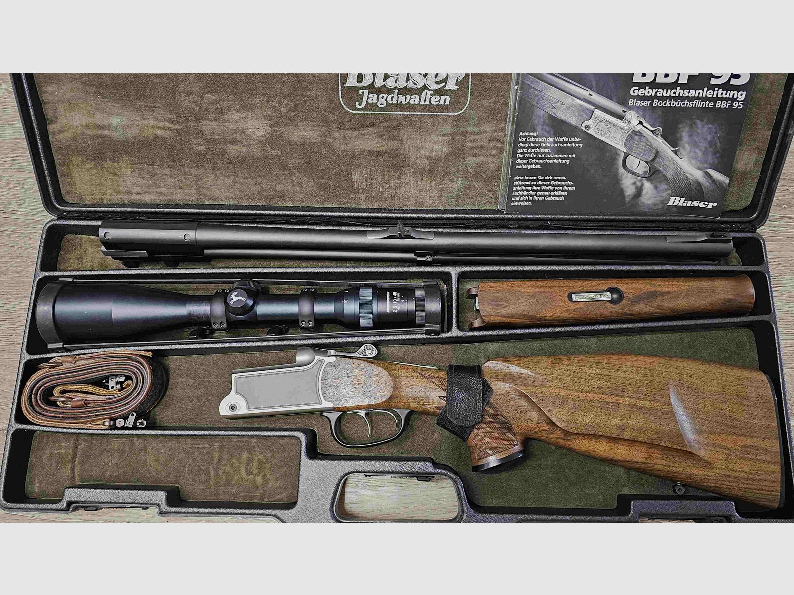 Bockbüchsflinte Blaser BBF 95 Standard, Kal. .308 Win. & 12/76, inkl. Frankonia 2,5-10x48 (Abs. 1) auf Blaser Sattelmontage (30 mm Ringe) und Koffer