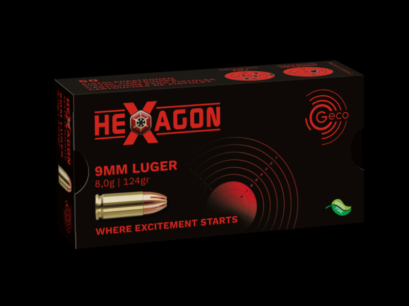 GECO 9mm Luger 9x19 HEXAGON JHP Hohlspitz SX Präzisionsmunition 124gr. 1000 Patronen