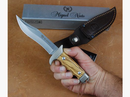 Mini Coltello Bowie, Legno d'Olivo, Fodero in Pelle Marrone
