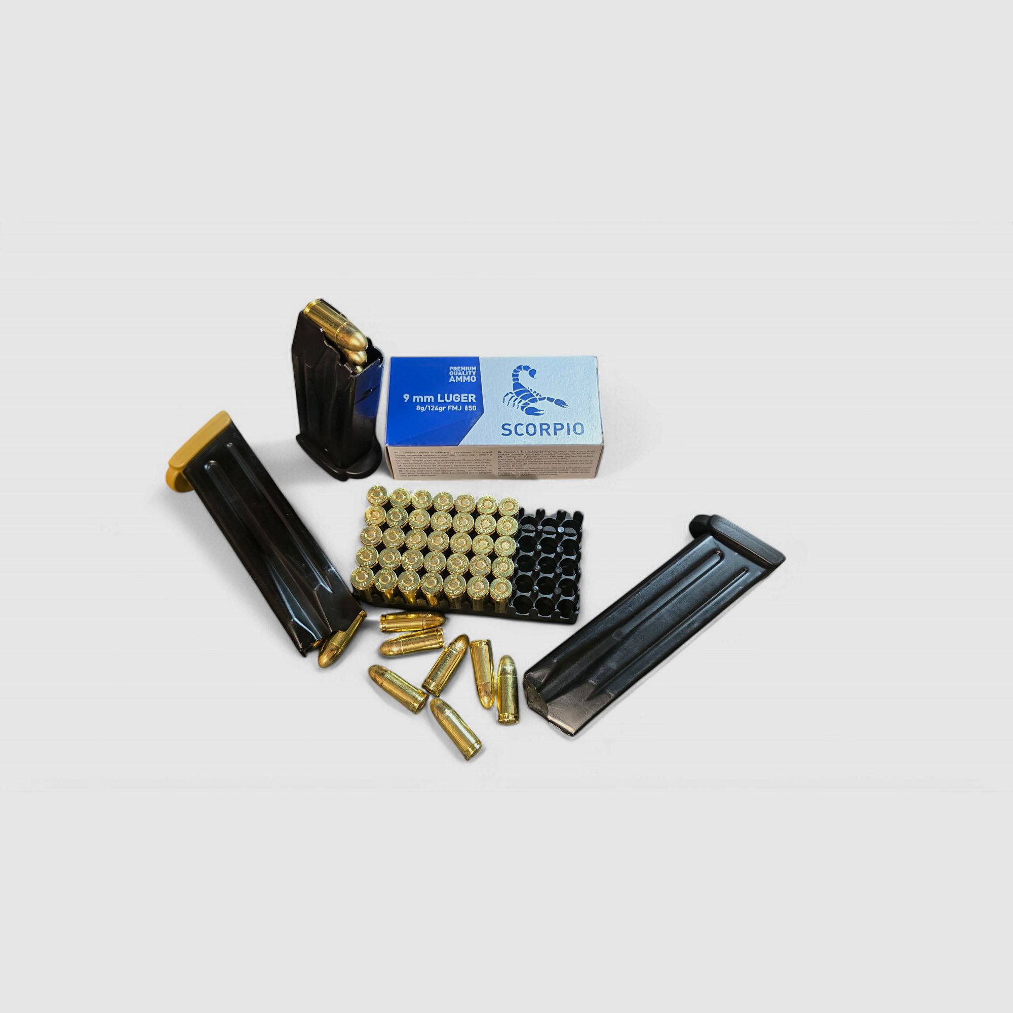 Patronen Kaliber 9mm Luger 124gr (8g) Vollmantel FMJ 50 Stück - STV SCORPIO