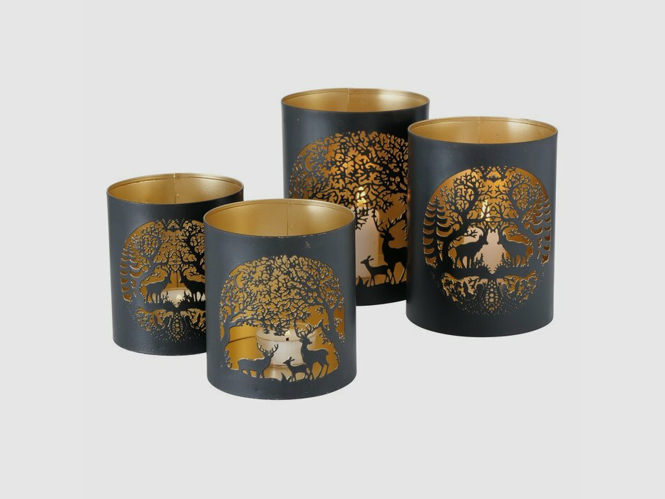 Conjunto de decoración Lovergreen con 4 faroles perforados familia de ciervos - recubierto de hierro