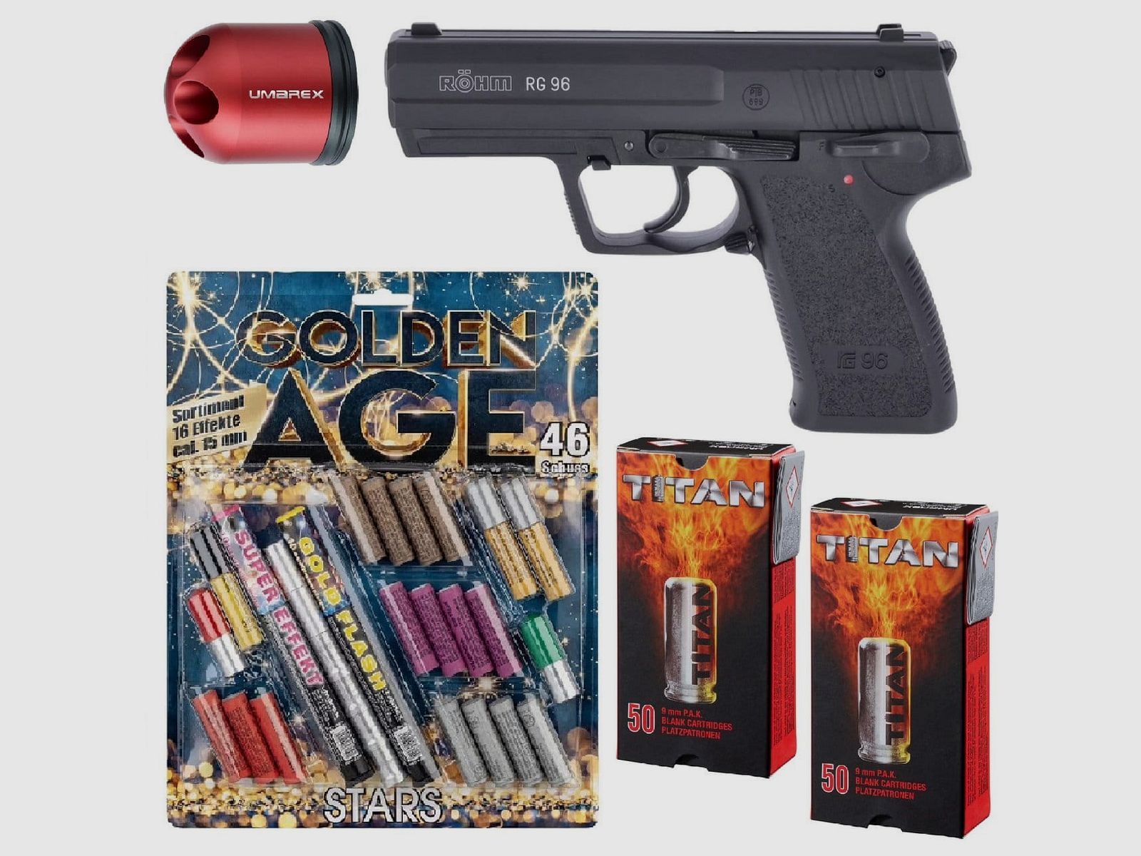 Pacchetto Combinato Fuochi d'Artificio di Capodanno Röhm RG 96 Pistola a Salve