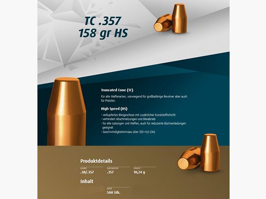 500St. H&N Geschosse .357 TC HS 158grs - .38/.357 | Haendler&Nattermann High Speed