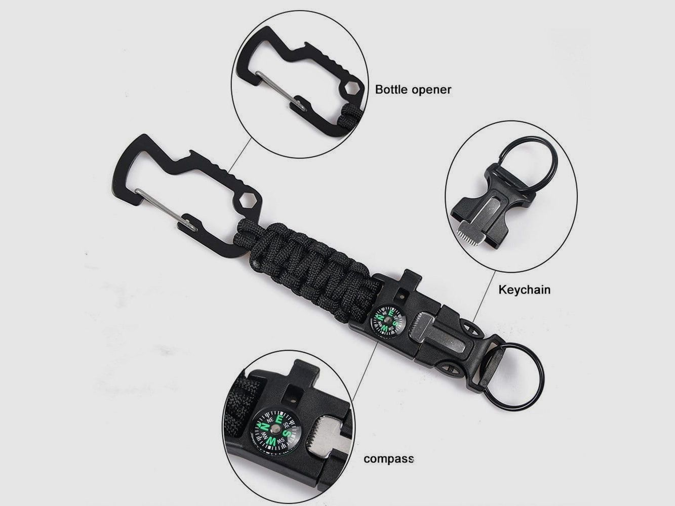 Multifunctional paracord with compass, fire starter, and signal whistle