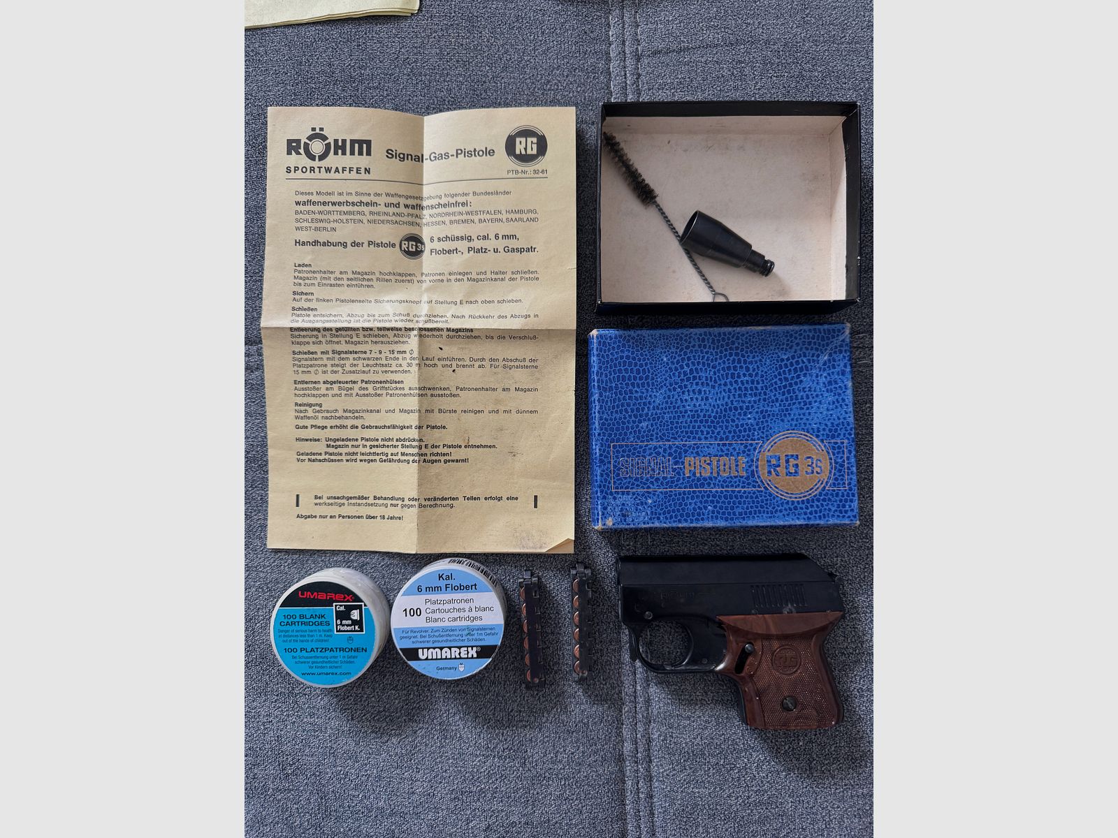 Pistola a salve Röhm RG 3S (6mm Flobert, PTB 32-61) – Set con OVP, accessori & munizioni, immagine 1 di 3