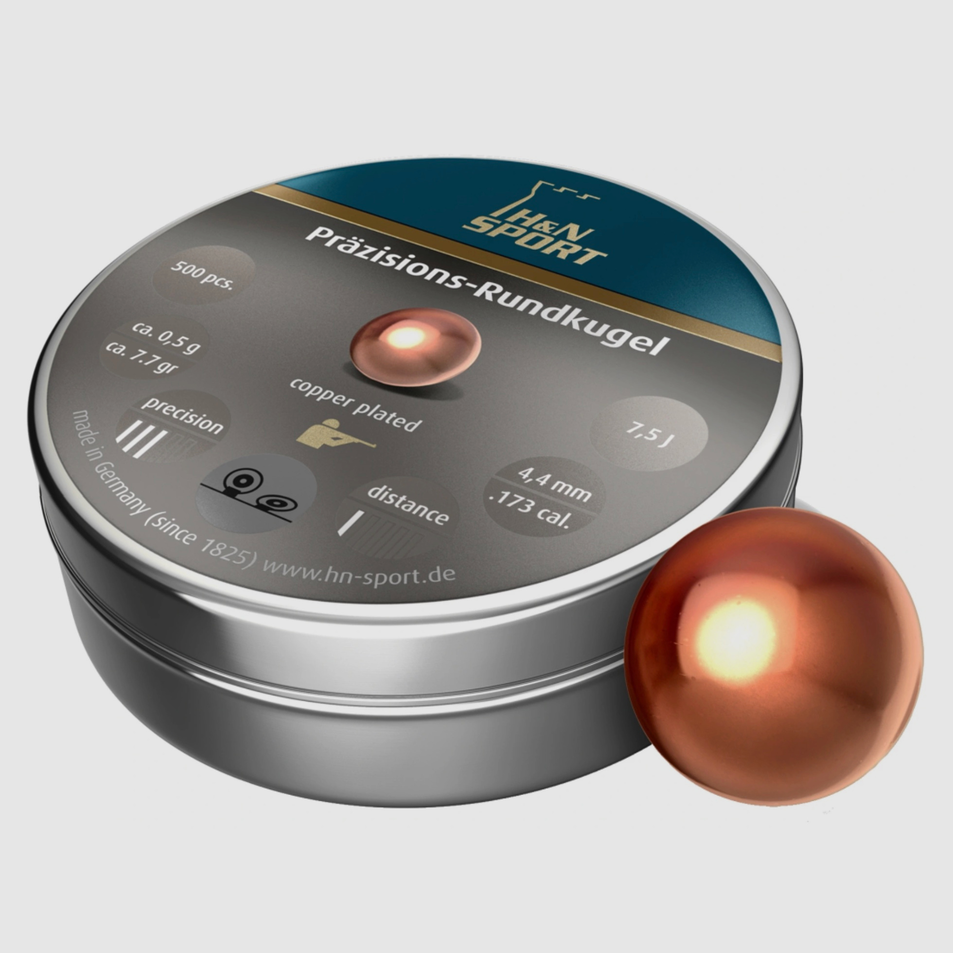 Handler & Natermann 2003832 4.4mm round balls copper-plated 0.5g for air rifles 750 pieces .173 cal.