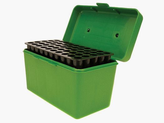 MTM Deluxe cartridge box H50-R-MAG-10 green with flip lid and carrying handle for 50 cartridges .257 and others.