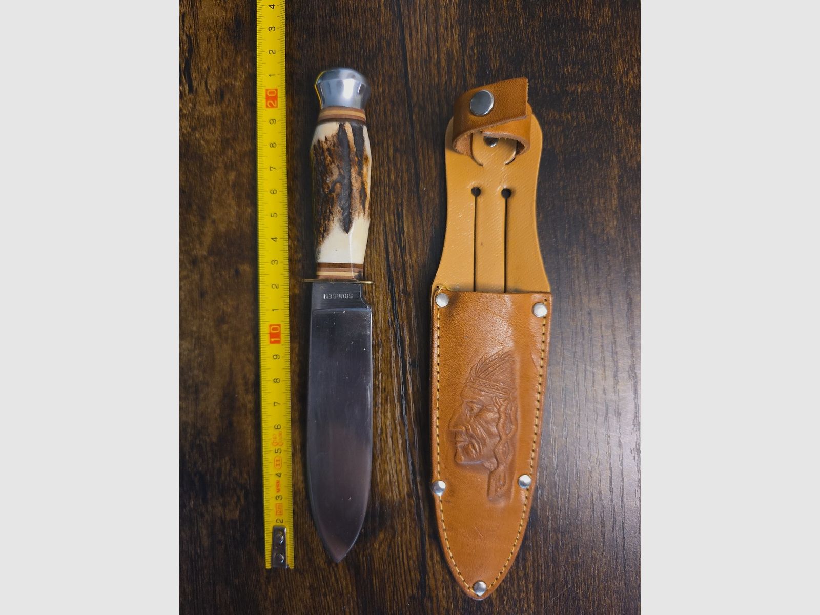 Cuchillo de caza Solingen con mango de asta de ciervo acero inoxidable Drop-Point 10,1–13 cm + funda