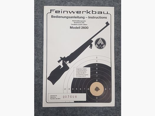 Feinwerkbau FWB Mod. 2600 Beschreibung Bedienungsanleitung Luftpistole Luftgewehr KK Gewehr Co2 Pistole siehe Beschreibung. Preis ab