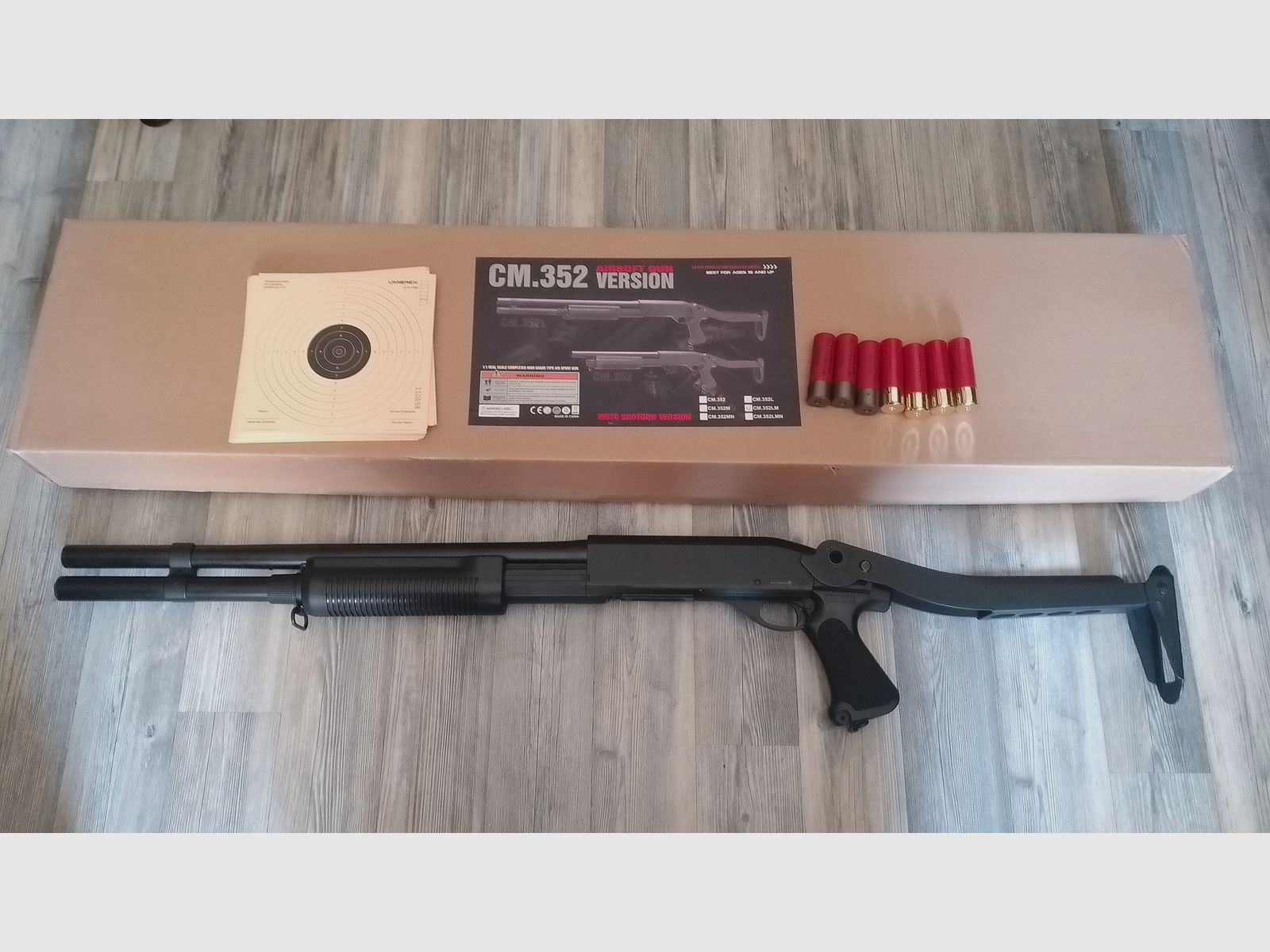 Softair Schrotflinte / Shotgun -  Cyma M870 Shotgun mit Stahl-Klappschaft Long-Type Tri-Barrel Vollmetall Springer 6mm BB schwarz  