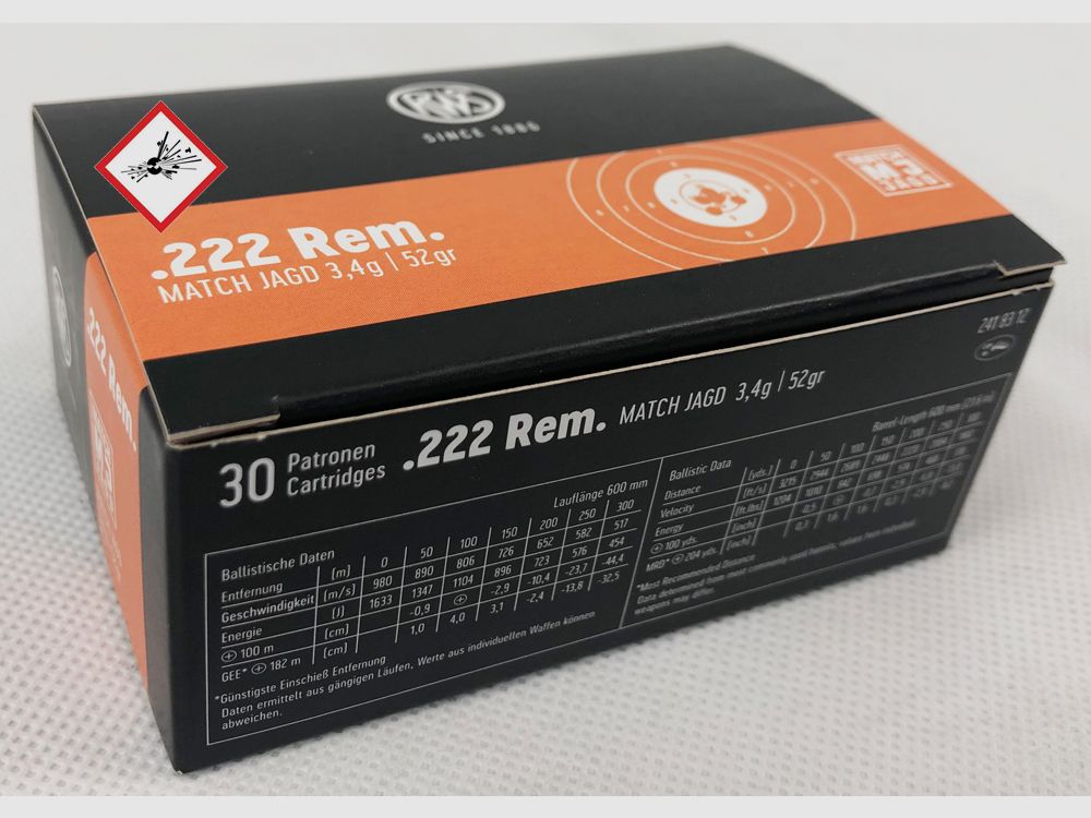 RWS hunting cartridge cal. .222 Rem MJ 55grs