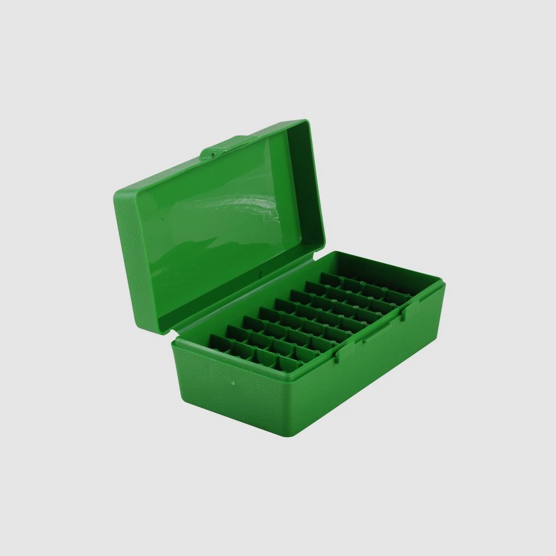 Boîte de cartouches MTM P50-44-10 verte avec couvercle rabattable pour 50 cartouches .44 Mag./.357 et autres.