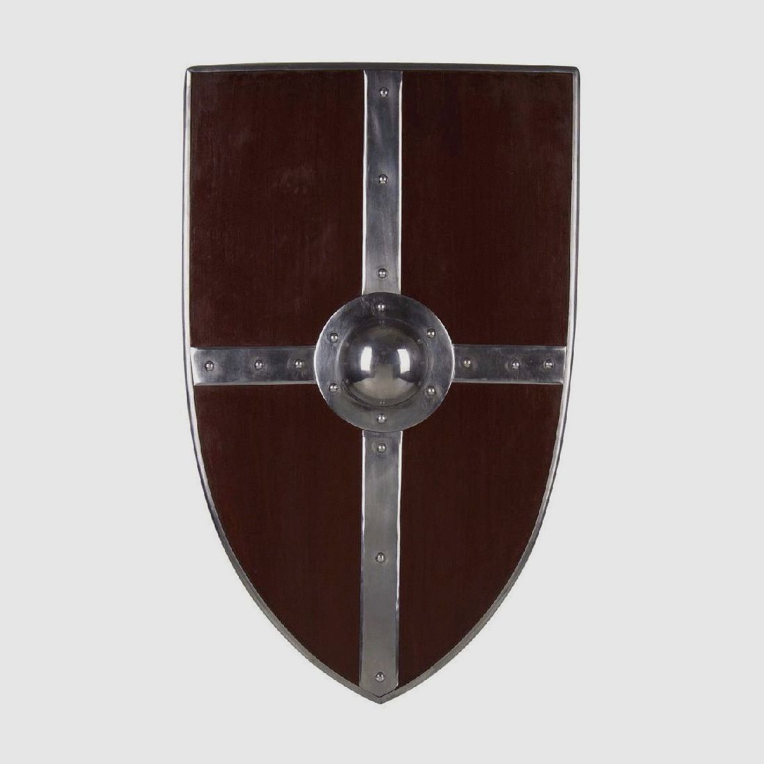 Combat shield with shield boss and metal decoration