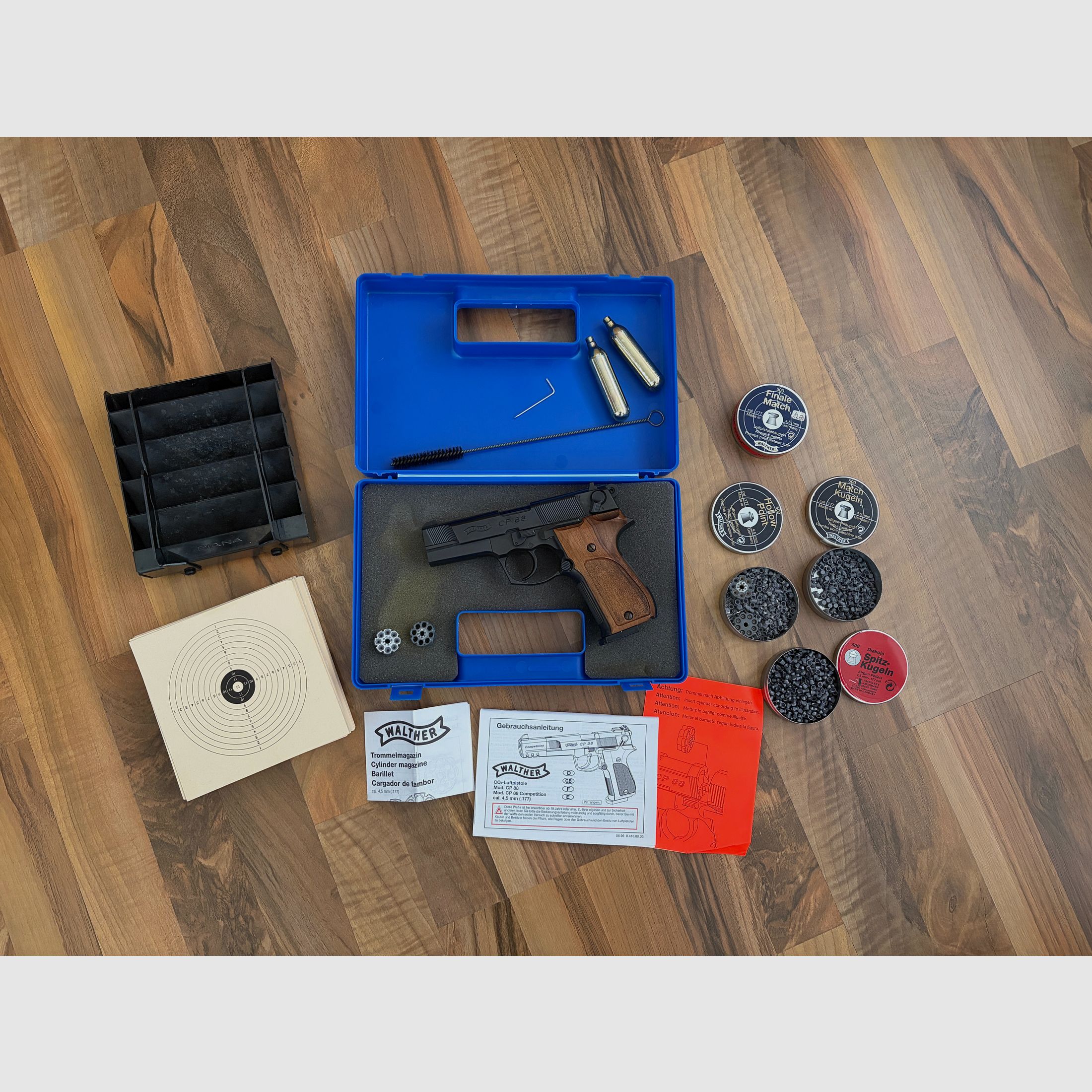 Walther CP88 CO₂ Pistole 4,5 mm im Koffer mit Zubehör I Diabolos und Kugelfang-Kasten / Zielscheiben