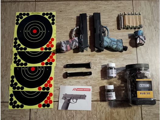 2 x Neuer Concord Defender cal .50 Markierer RAM Akimbo Rosa Blau mit Rubberballs CO2 Kapseln Set Bedienungsanleitung Tarnband