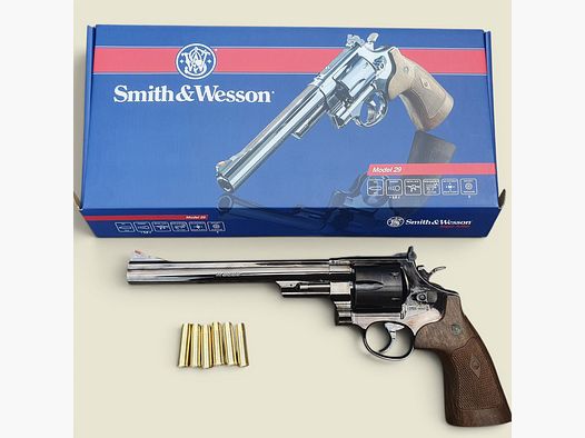 CO2 revolver Smith & Wesson M29 8 3/8 inch high gloss blued brown grip panels caliber 4.5 mm BB also diabolo