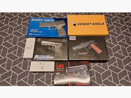 5 Stück Federdruck Airsoftpistolen: D.E./H.K./1911/u.a. NEUWERTIG