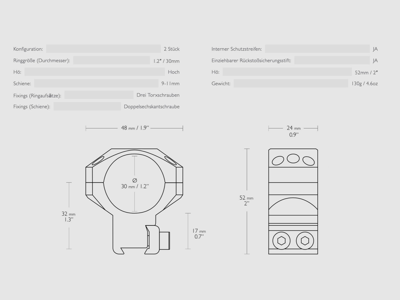 HAWKE 24107 taktische Ringmontage für Zielfernrohr 9-11mm Hoch 30 mm 2 Stück