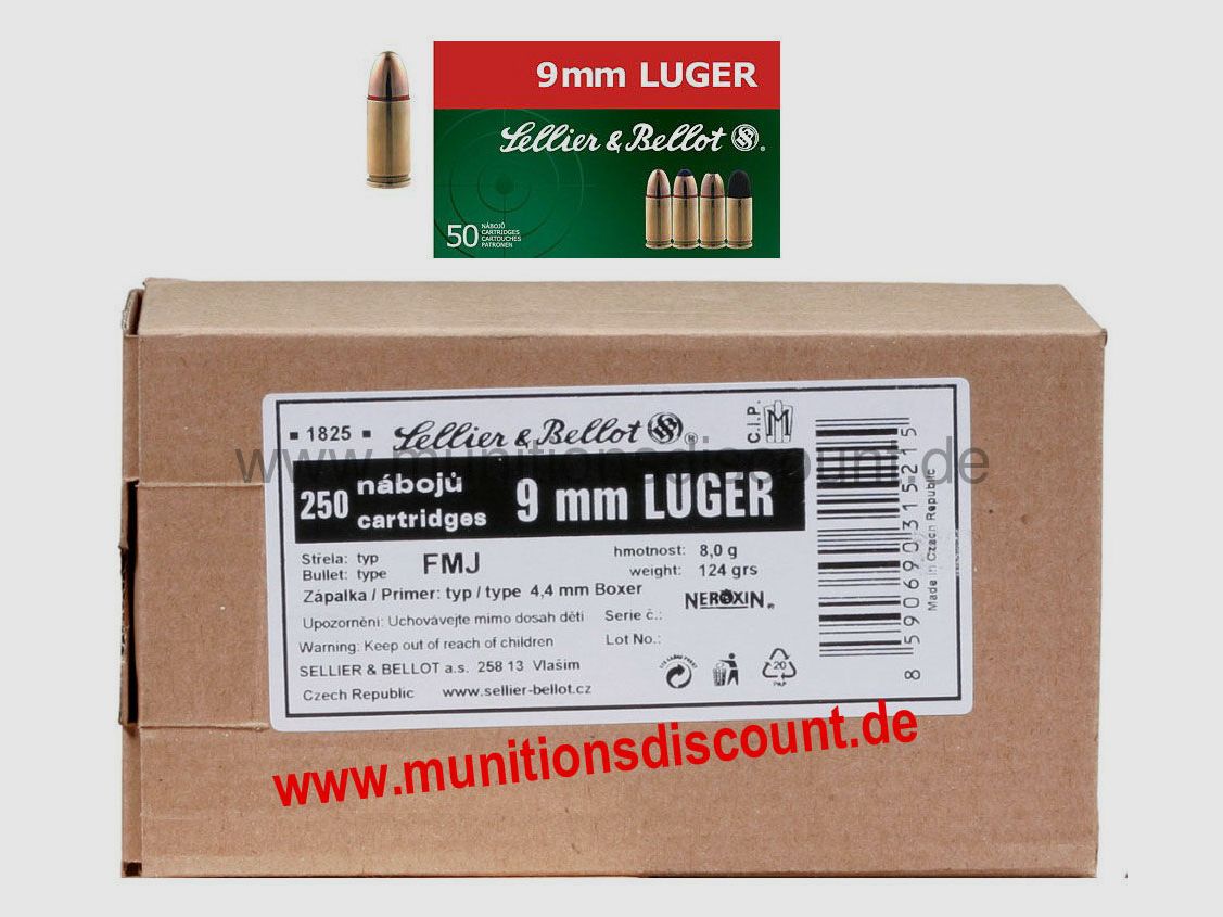 S&B (Sellier & Bellot) 9mm Luger (Para, 9x19), 124 grs Vollmantel, 250er