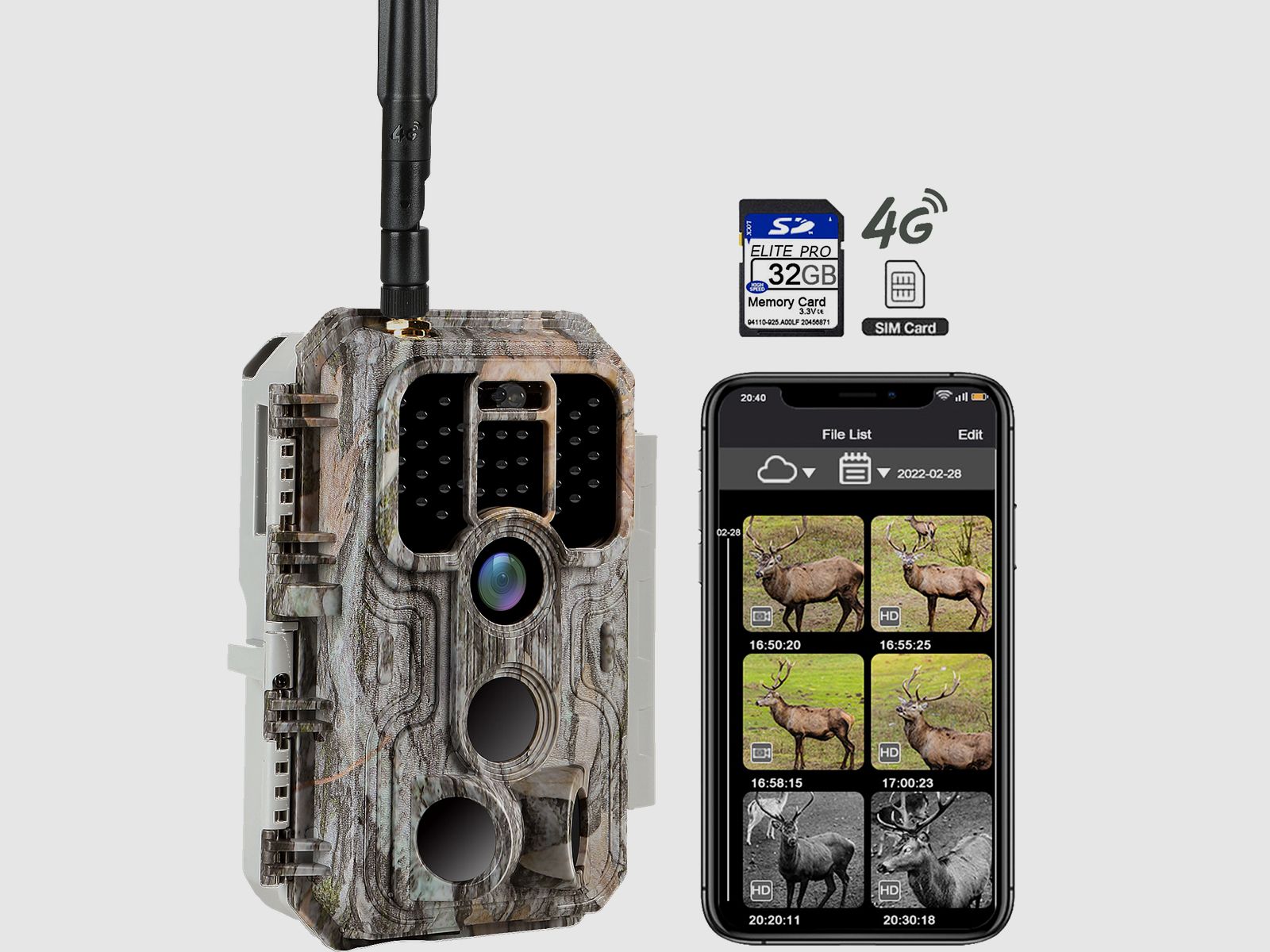 4G LTE Wildkamera Fotofalle Wildtierkamera mit SIM-Karte 120° Bewegungserkennung 48MP 1296P Nachtsicht IP66 wasserdicht und 32GB SD Karte A390G