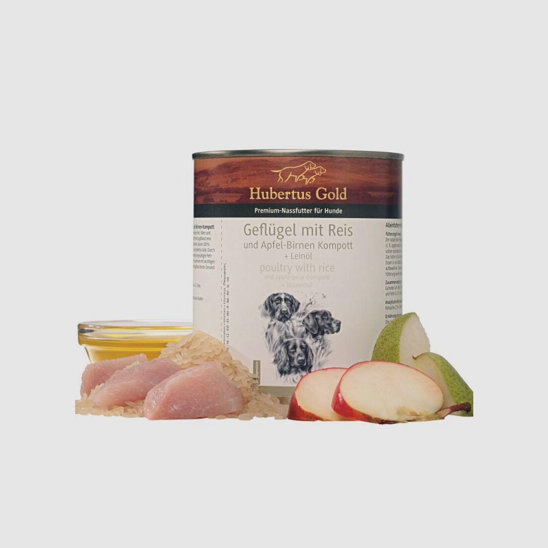 Hubertus Gold Premium-Nassfutter Geflügel mit Reis und Apfel-Birnen Kompott + Leinöl 800g