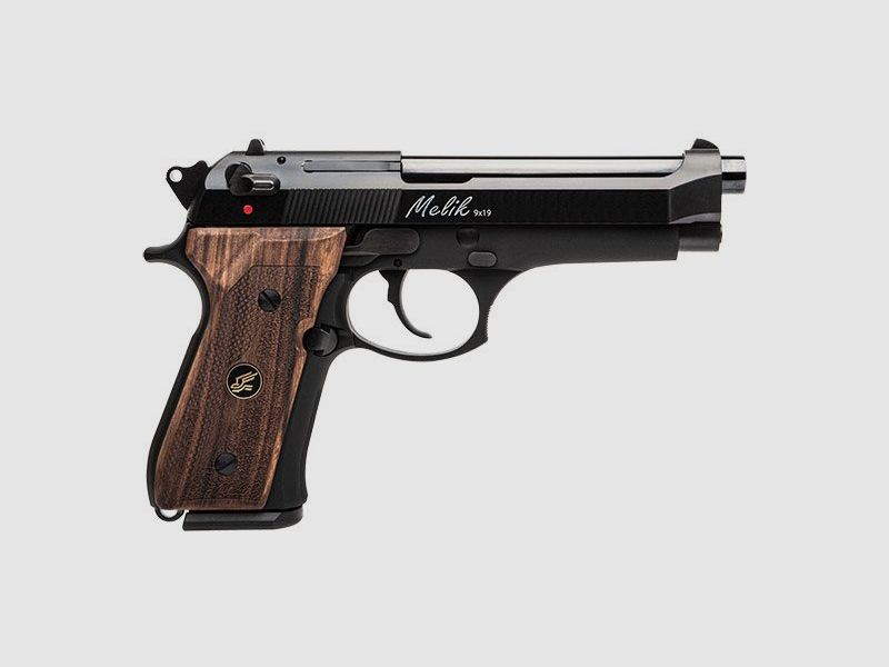 Pistole DERYA Melik C101 Graphit Schwarz mit Holzgriffschalen Kaliber 9x19mm Lauf 124 mm