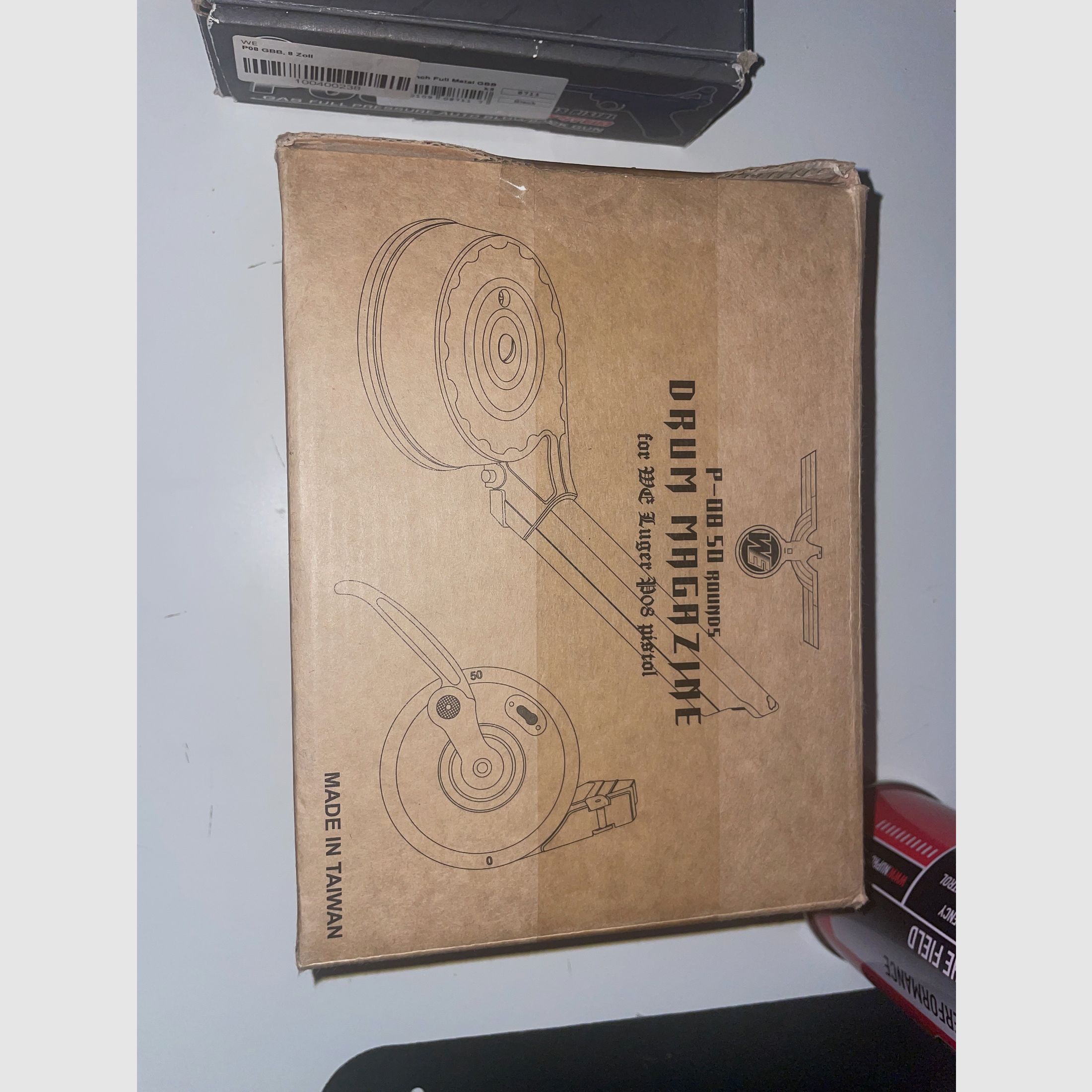 P08 GBB de WE, Drum Mag, Nuprol premium Gas Rojo