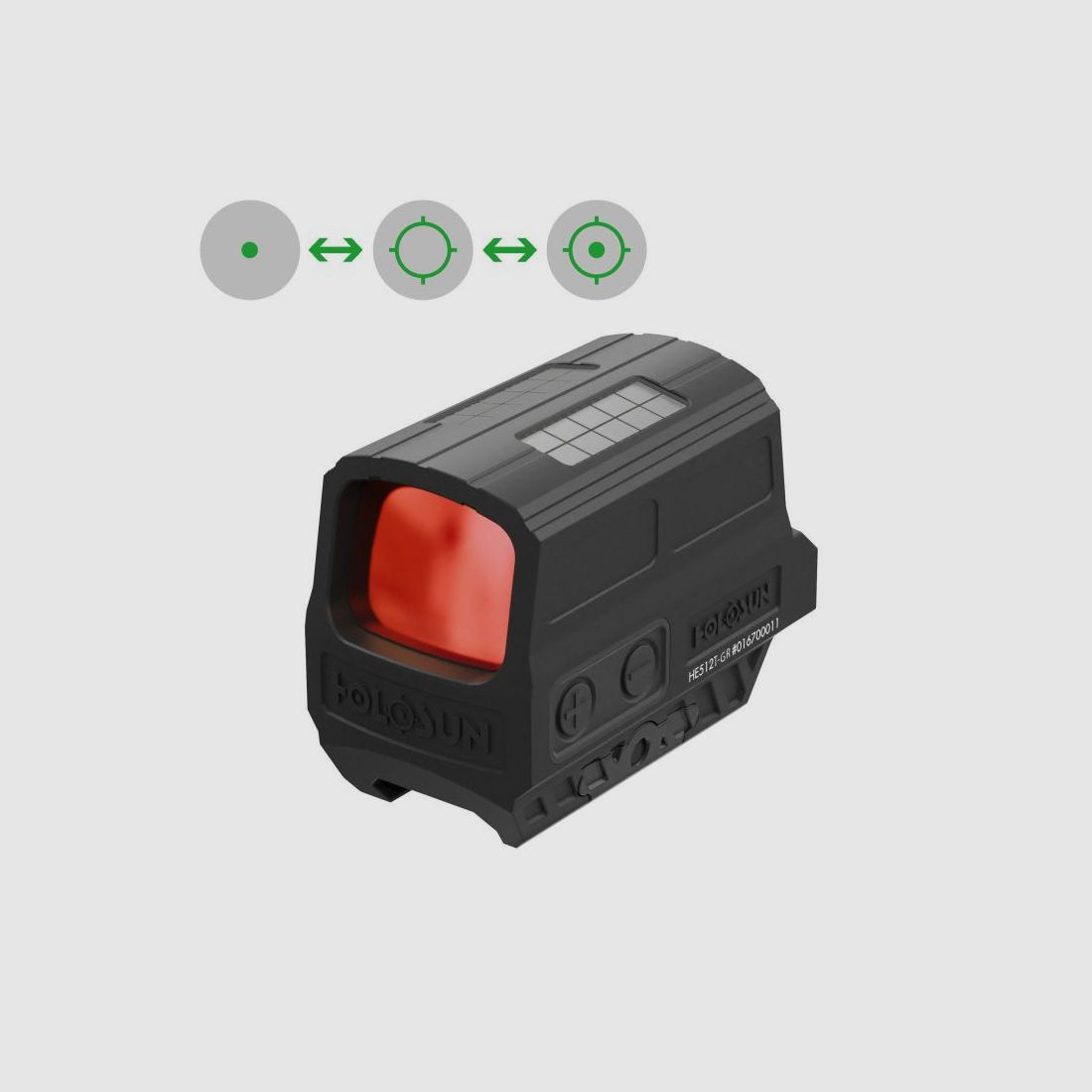 Holosun Mirino Reflex HE512T-GR con reticolo verde: Punto 2MOA & Punto Circolare 65MOA, immagine 1 di 6