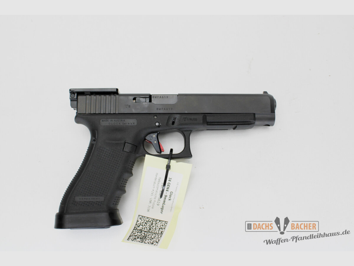 Pistola Glock 34 GEN 4 Cal 9 Para con disparador Timney, funda y placa de montaje para mira