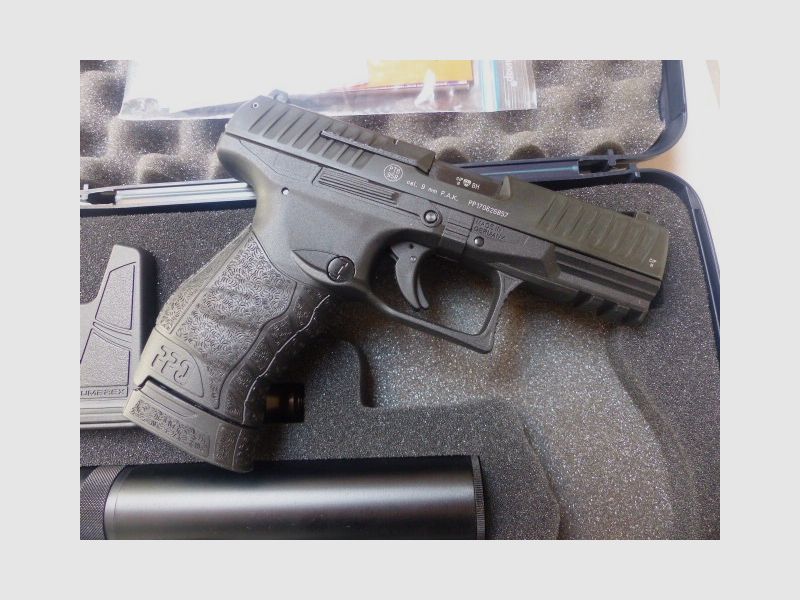 Walther PPQ Navy Kit with suppressor, blank firing adapter, loading aid, case. Only 2 shots fired