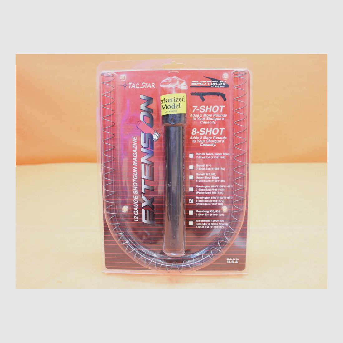 TacStar Remington 870: Magazine extension +3 rounds TacStar steel phosphated 12GA (1081186) BL=205mm Incl. magazine tube spring. Suitable for Remington 870/ 1100/ 11-87.