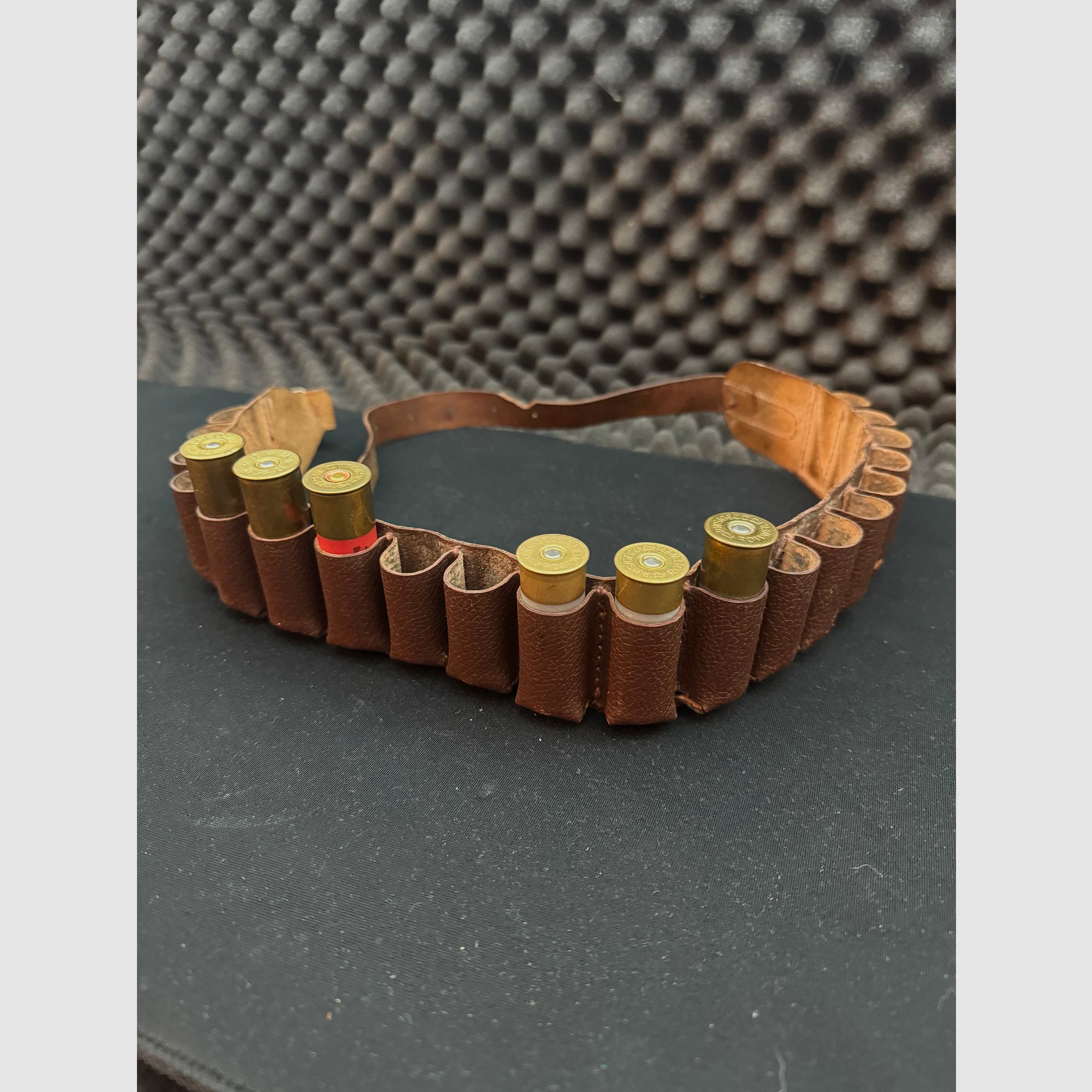 Cinturón de municiones, cinturón de cartuchos, 12, cuero, marrón, espacio para 20 cartuchos