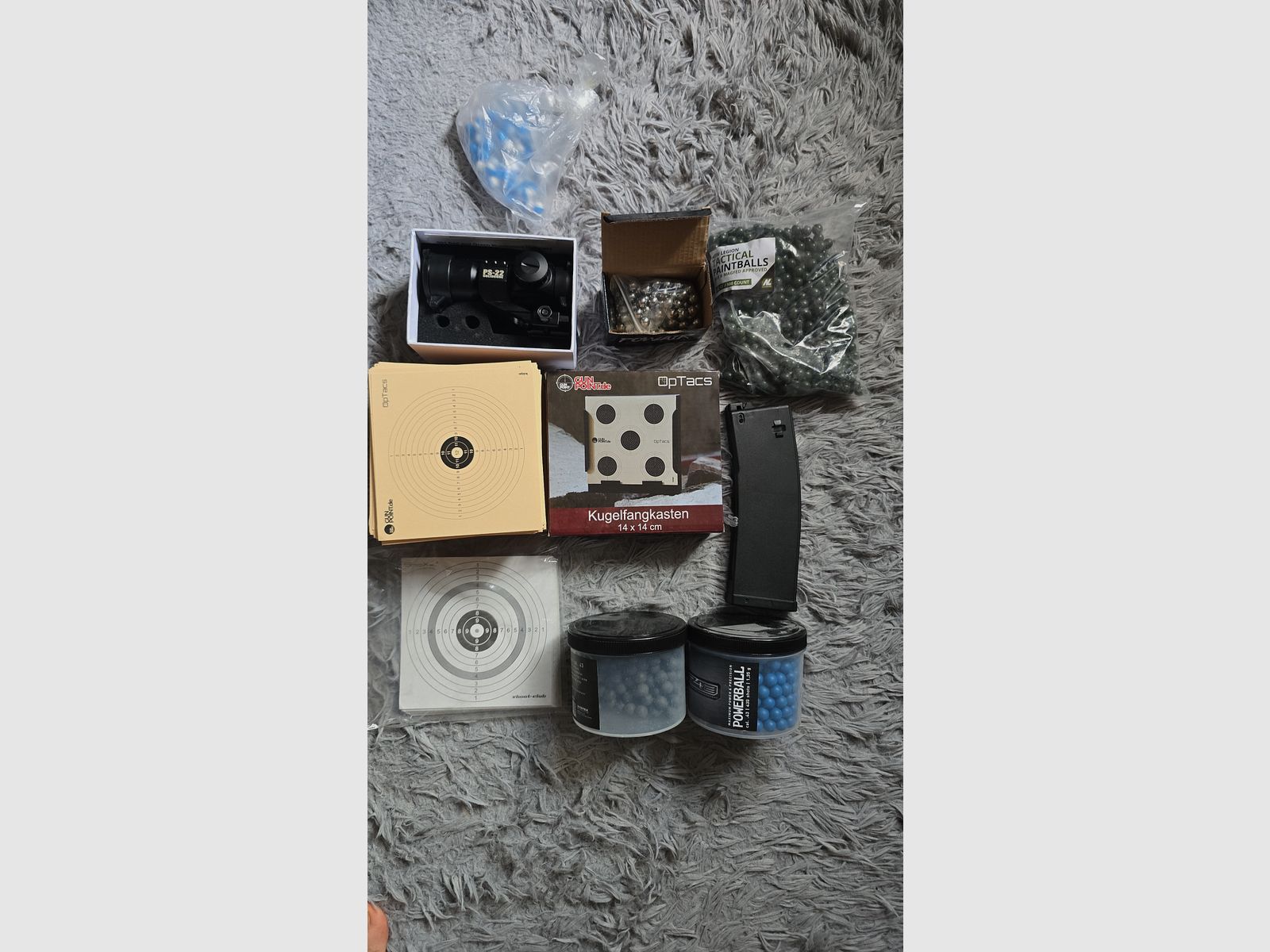 Großes Schießsport- & Airsoft-Set: Kugelfangkasten, Rotpunktvisier, Ziele & Munition HK 416 T4E RAM Magazin 