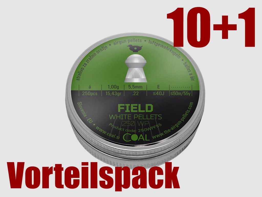 10+1 GRATIS x 250 StĂĽck Coal White Pellets Field Diabolo, Rundkopf, geriffelt, 1,00 g, Kaliber 5,5 mm