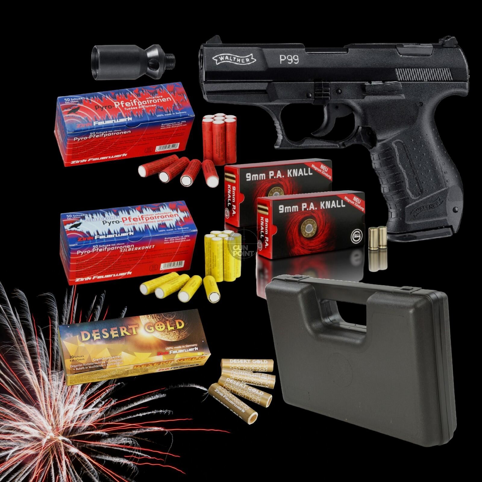 SILVESTER MEGASET !!! Schreckschuss - Pistole - Walther P99 - 9 mm P.A.K. inkl. Koffer, 150 Platzpatronen & 120 Schuss Effektmunition