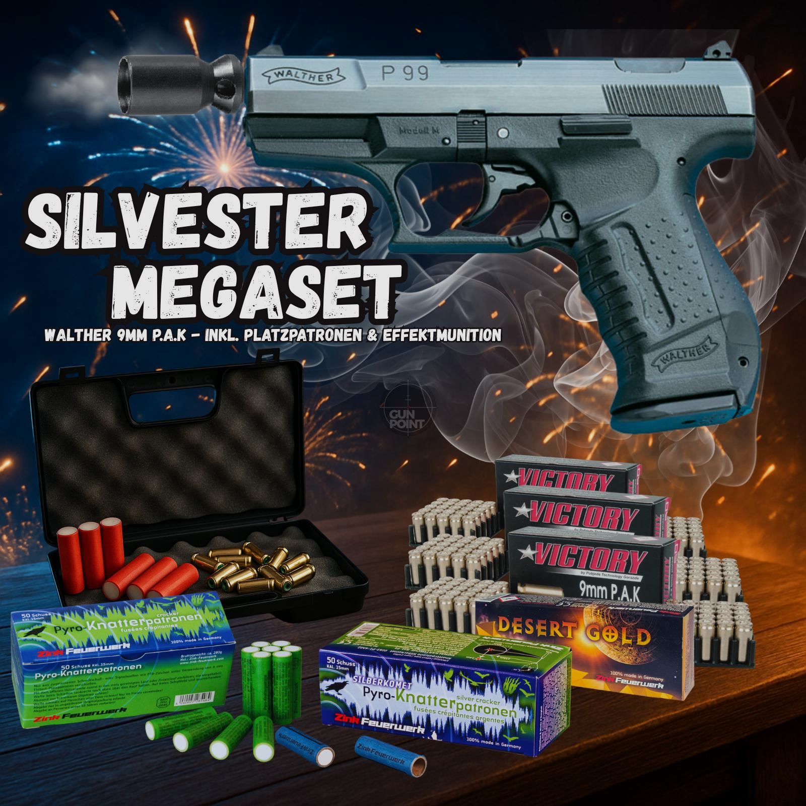 SILVESTER MEGASET !!! Schreckschuss - Pistole - Walther P99 - 9 mm P.A.K. inkl. Koffer, 150 Platzpatronen & 120 Schuss Effektmunition
