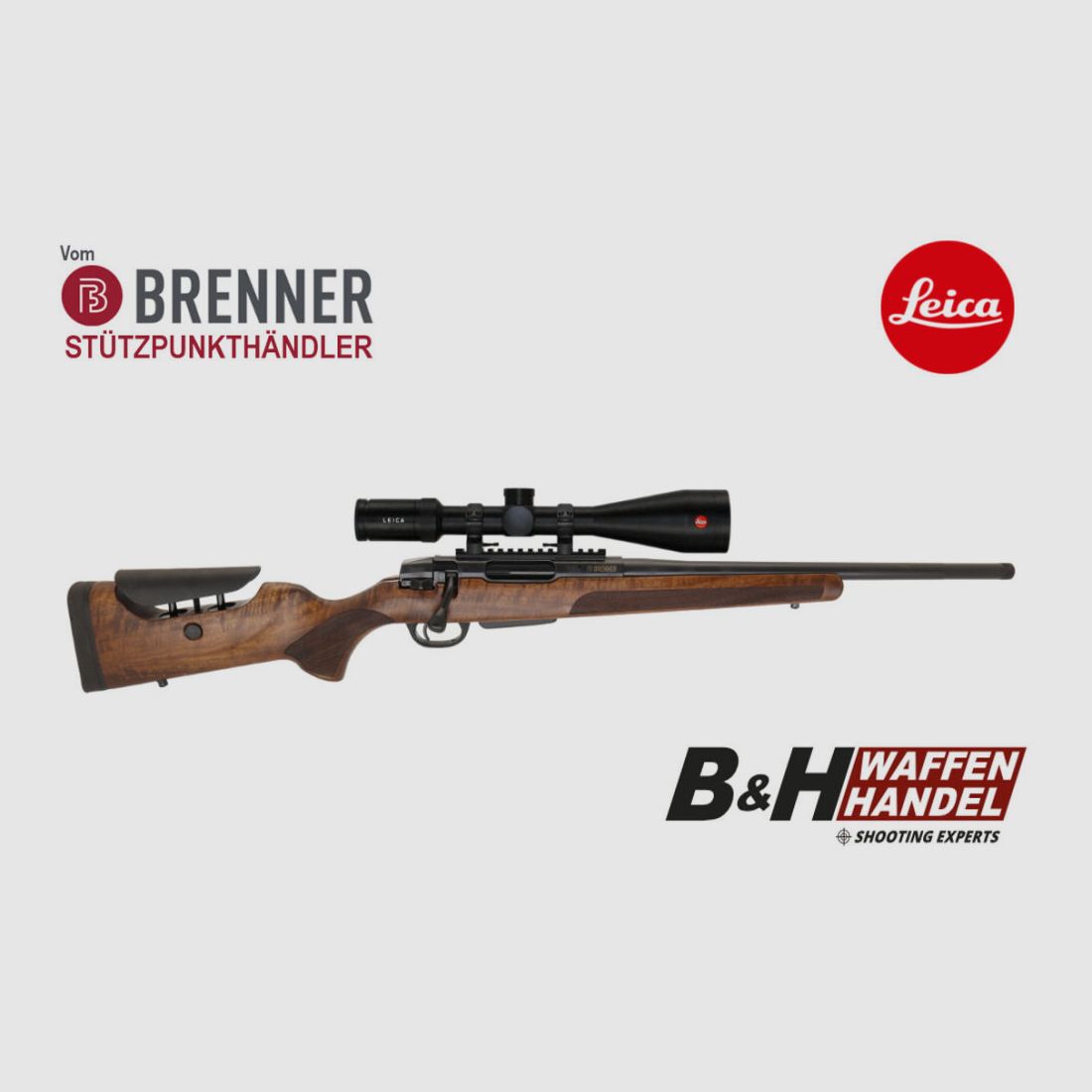 Brenner Komplettpaket: BR20 L.E. (Nussbaum, verstellbarer Schaftrücken) mit Leica 2.5-15x56