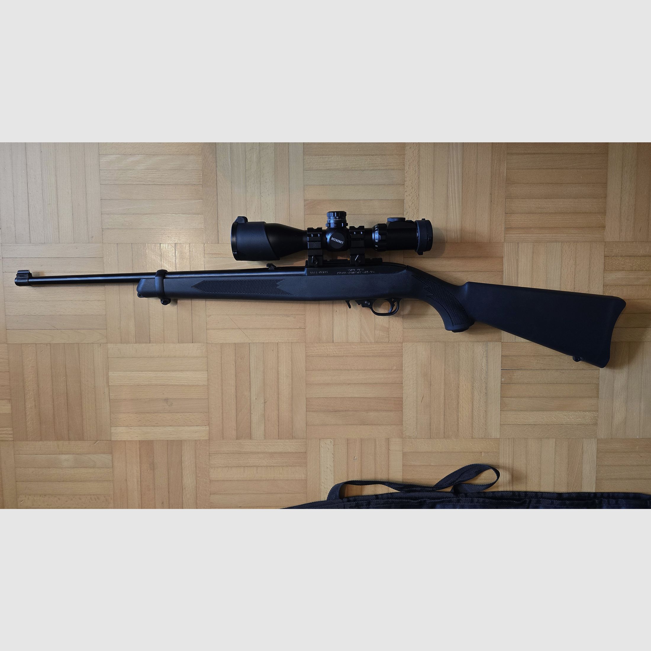 Ruger 10/22 Compact .22lr small caliber long gun. Wooden stock and synthetic stock (interchangeable system) with plenty of accessories