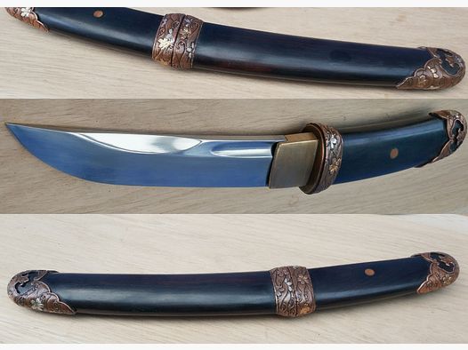 hand-polished Sanmai tanto with handle and sheath made of ebony