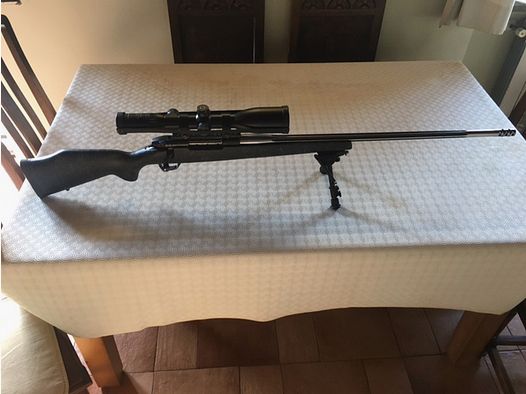 Weatherby rifle cal. 257 WBY model Accumark, MarkVI action, forward trigger; Schmidt Bender 4-16×56 Polar T96P optic; ballistic turrets illuminated reticle; Recknagel mounts; 34 mm optic tube