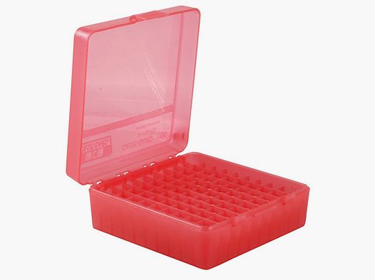 MTM scatola per cartucce P-100-3-29 rossa trasparente con coperchio a ribalta per 100 cartucce .38/.357 e altre.