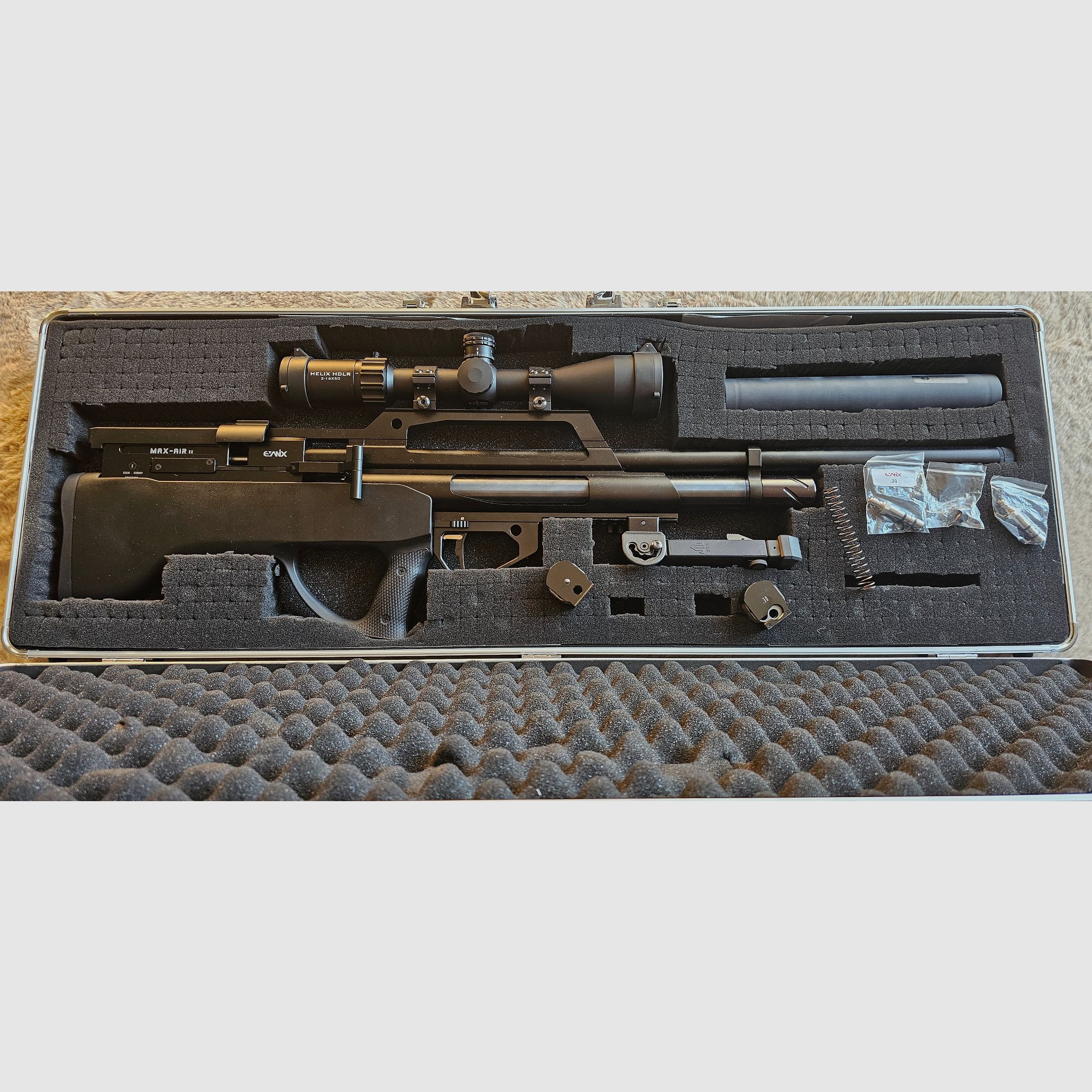 Evanix Max Air II .30 (7.62 mm) PCP air rifle set – GoGun (F-mark) + Element Optics + Sportsmatch + Schalock + accessories (incl. invoice)
